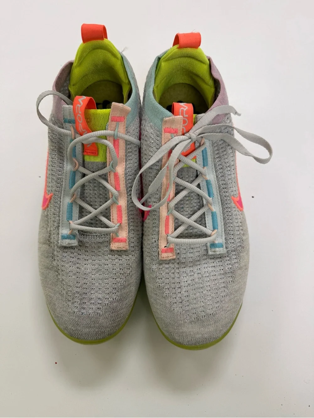 Nike Knit Sneakers in Light Gray with Neon Pink & Lime Accents
